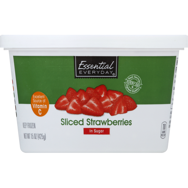 Frozen Produce Essential Everyday Strawberries, in Sugar, Sliced hero