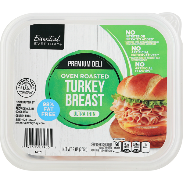 Lunch Meat Essential Everyday Turkey Breast, Oven Roasted, Ultra Thin, Premium Deli hero