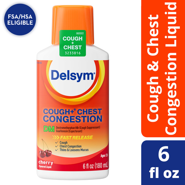 Cold, Flu & Allergy Delsym® Max Strength Cough Plus Chest Congestion DM Liquid, Cherry Flavor hero