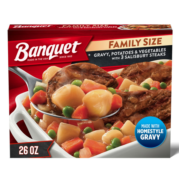 Frozen Meals Banquet Family Size Salisbury Steak with Gravy, Potatoes and Vegetables Frozen Meal hero