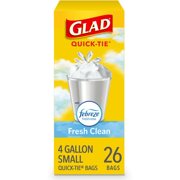 Glad Trash Bags, Quick-Tie, Fresh Clean, Small, 4 Gallon hero