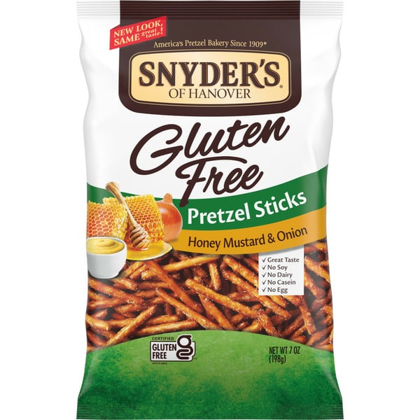 Chips & Pretzels Snyder's of Hanover Gluten Free Honey Mustard and Onion Pretzel Sticks hero