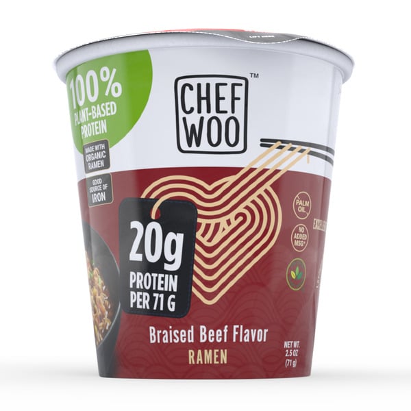 Instant Foods Chef Woo  Braised Beef Ramen Cup Noodle, 20g Protein hero