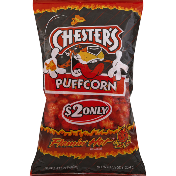 Chips & Pretzels Chester's Puffed Corn Snacks, Flamin' Hot Flavored hero