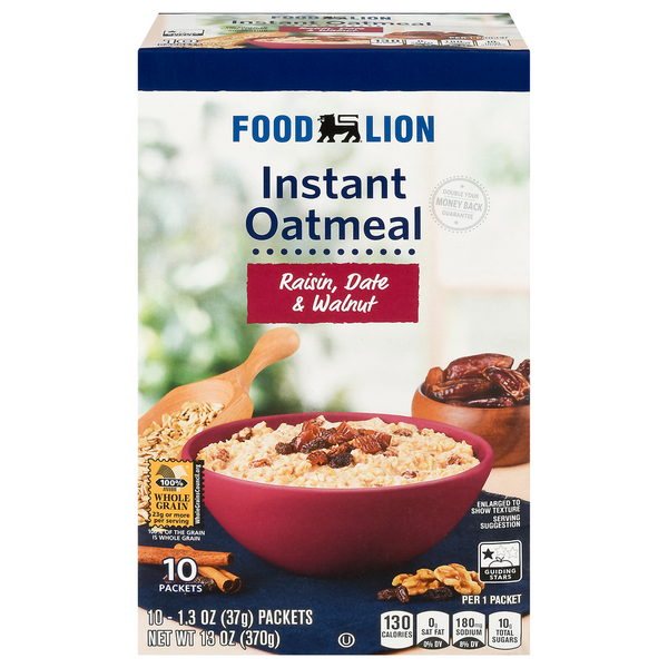 Hot Cereal & Pancake Mixes Food Lion Instant Oatmeal, Raisin, Date & Walnut hero