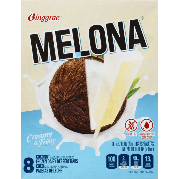 Ice Cream & Toppings Melona Dessert Bars, Frozen Dairy, Coconut, 8 Pack hero