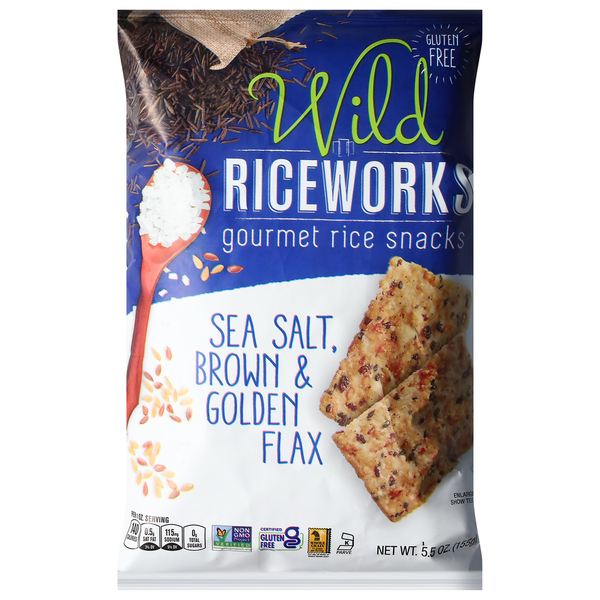 Crackers Riceworks Rice Snacks, Sea Salt, Brown & Golden Flax, Gourmet hero