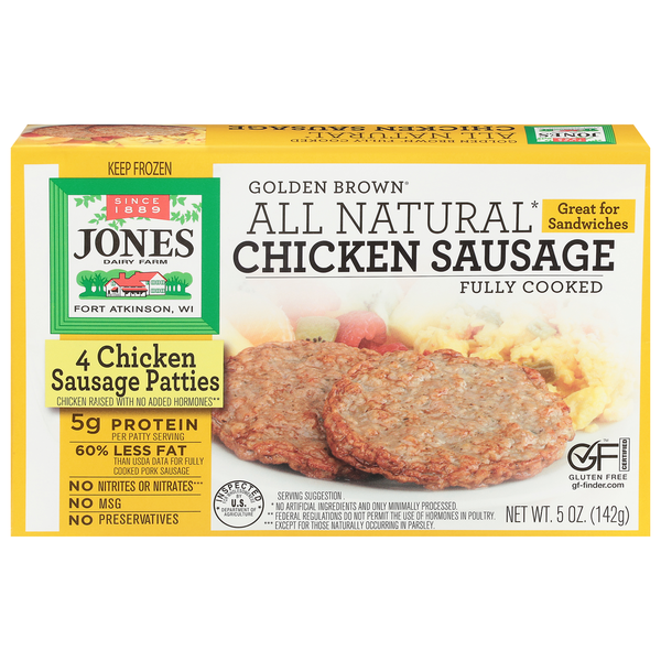 Frozen Breakfast Jones Dairy Farm Golden Brown All Natural Fully Cooked Chicken Sausage Patties hero