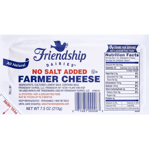 Packaged Cheese Friendship Dairies Cheese, Farmer, No Salt Added hero