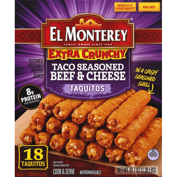 Frozen Meals El Monterey Taquitos, Taco Seasoned Beef & Cheese, Extra Crunchy hero