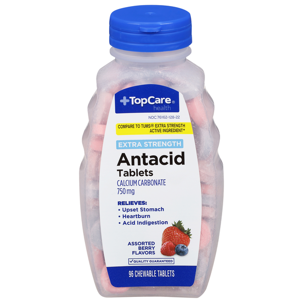 Digestion TopCare Antacid, Extra Strength, 750 mg, Chewable Tablets, Assorted Berry Flavors hero