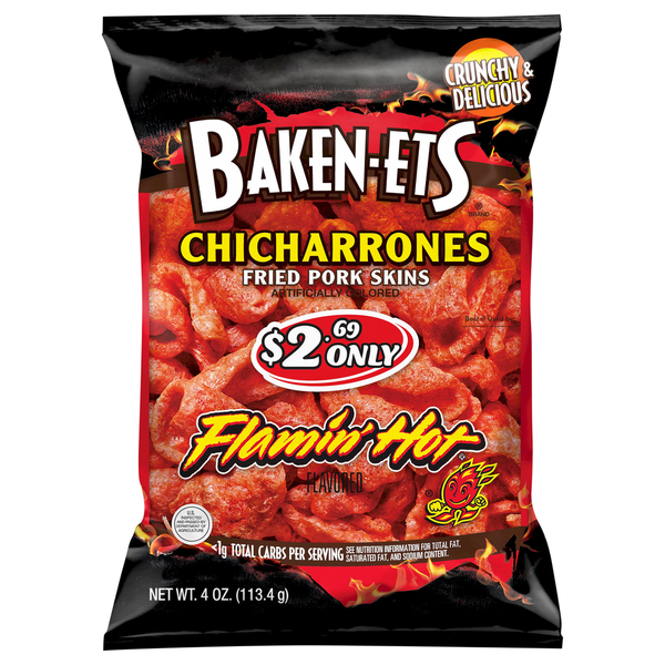 Chips & Pretzels Baken-Ets Fried Pork Skins, Flamin' Hot, Chicharrones hero