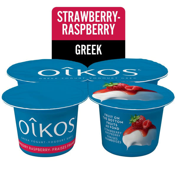 Yogurt Oikos Greek Yogurt, Strawberry Raspberry, Fruit On The Bottom, 2% M.F. hero