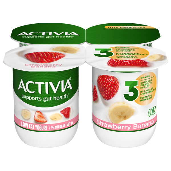 Yogurt Activia Strawberry Banana Lowfat, Probiotic Yogurt Cups hero