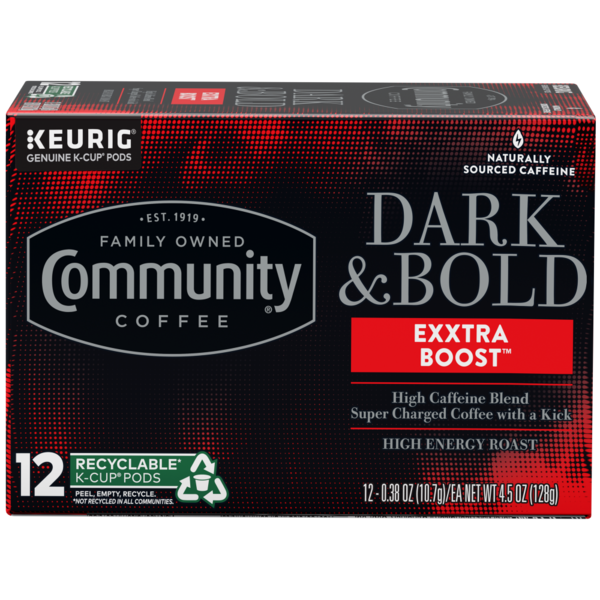 Community Coffee Dark & Bold Exxtra Boost Coffee Pods for Keurig K-cups hero