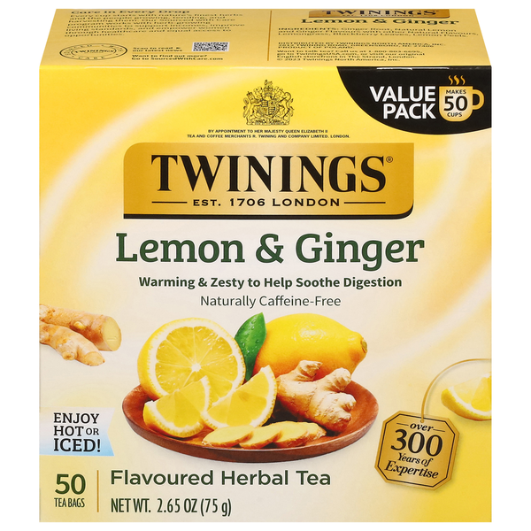 Tea Twinings Flavored Herbal Tea, Lemon & Ginger, Bags, Value Pack hero