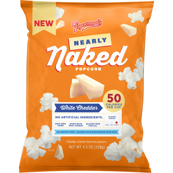 More International Foods Popcornopolis Nearly Naked White Cheddar Popcorn Bag hero