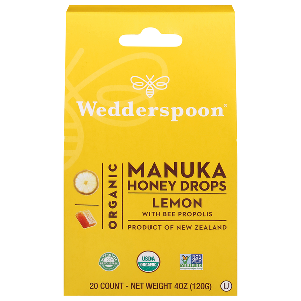 Dietary Supplements Wedderspoon Honey Drops, Organic, Manuka, Lemon with Bee Propolis hero