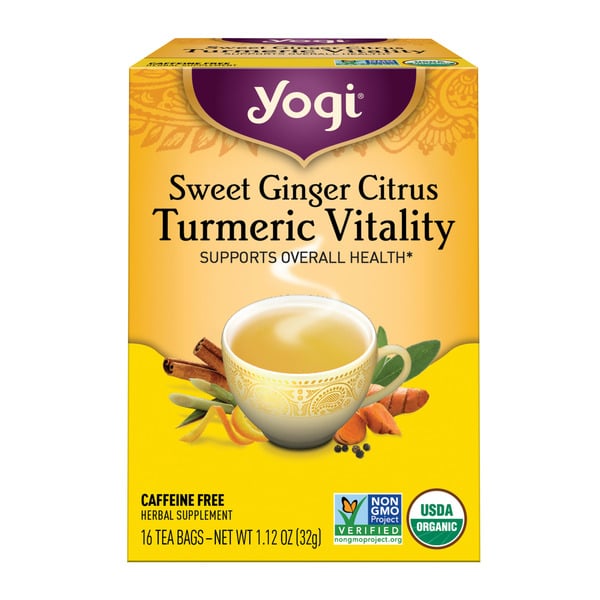 Coffee Yogi Tea Herbal Supplement, Sweet Ginger Citrus, Turmeric Vitality, Caffeine Free, Tea Bags hero