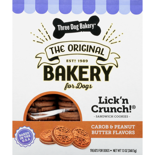 Dog Food & Care Three Dog Bakery Treats for Dogs, Carob & Peanut Butter Flavors, Sandwich Cookies hero