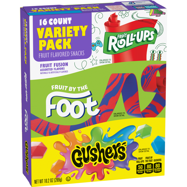 Breakfast & Cereal General Mills Multiple Brands Fruit Roll-Ups, Fruit by the Foot, Gushers Fruit Flavored Snacks Variety Pack hero