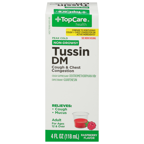 Cold, Flu & Allergy TopCare Tussin DM, Non-Drowsy, Peak Cold, Raspberry Flavor, Adult hero