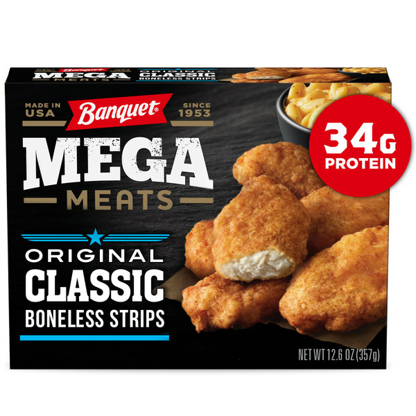 Banquet Mega Meats Boneless Chicken Strips With Spicy Mac & Cheese Frozen Meal hero