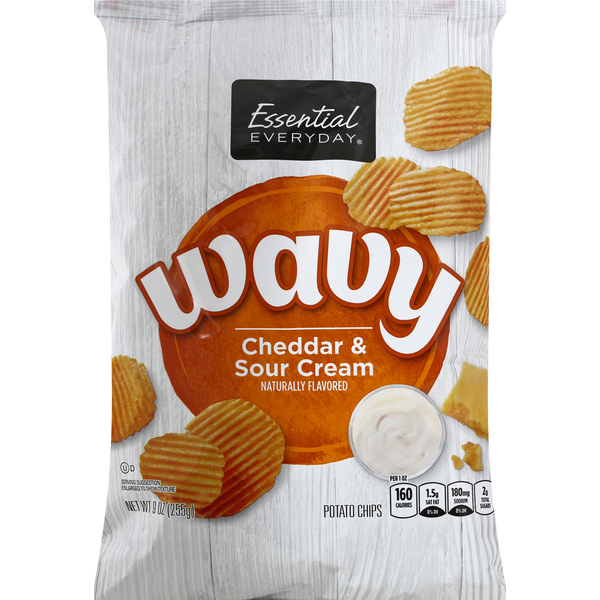 Chips & Pretzels Essential Everyday Potato Chips, Cheddar & Sour Cream, Wavy hero