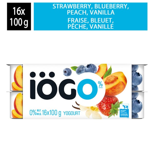 Yogurt iÖGO 0% Strawberry, Blueberry, Peach, Vanilla Multipack Yogurts hero