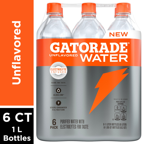 Water, Seltzer & Sparkling Water Gatorade Purified Water, Unflavored, 1 Liter, 6 Count hero