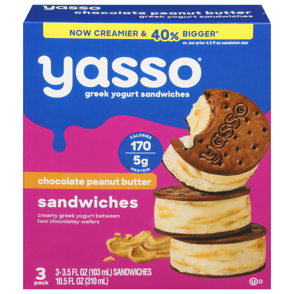 Ice Cream & Ice Yasso Greek Yogurt Sandwiches, Chocolate Peanut Butter, 3 Pack hero