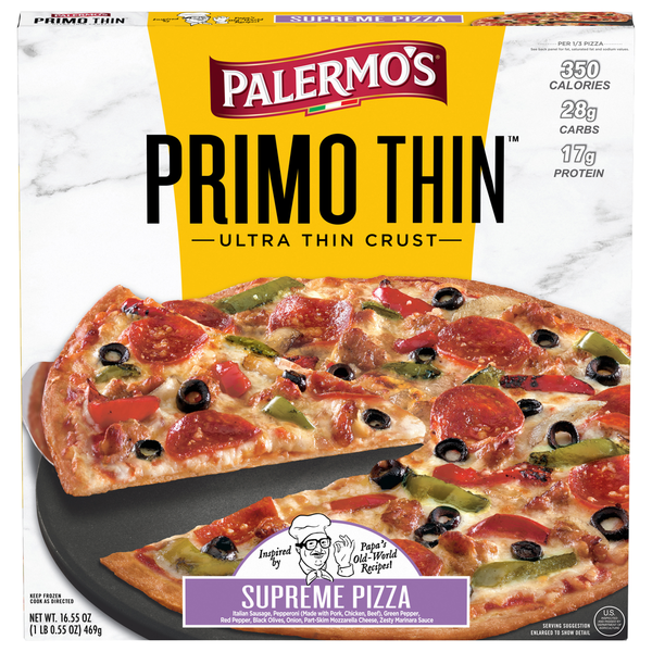 Frozen Pizza Palermo's Primo Thin Pizza, Ultra Thin Crust, Supreme hero