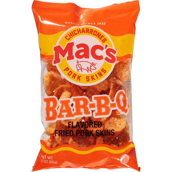 Packaged Meat Mac's Pork Skins, Fried, Bar-B-Q Flavored hero