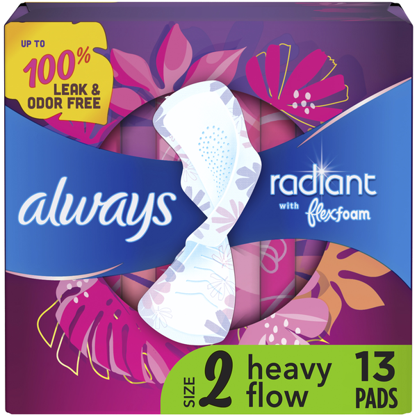 Feminine Care Always Radiant Feminine Pads for Women, Size 2 Heavy, with wings, scented hero