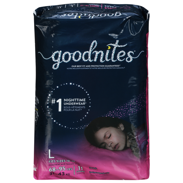 Diapers & Wipes Goodnites Girls' Nighttime Bedwetting Underwear, Size Large (68-95 lbs) hero