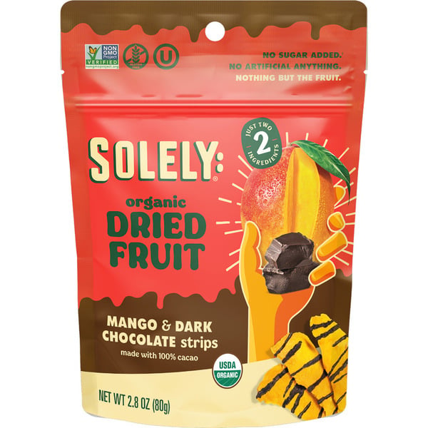 Nuts, Seeds & Dried Fruit Solely Organic Mango & Dark Chocolate Strips hero