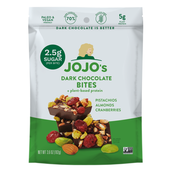 Candy & Chocolate JOJO's Chocolate Bites Pistachios Almonds Cranberries + Plant-Based Protein hero