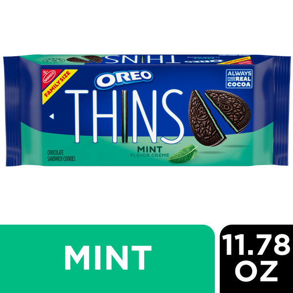 Packaged Cookies Oreo Thins Mint Creme Chocolate Sandwich Cookies, Family Size hero