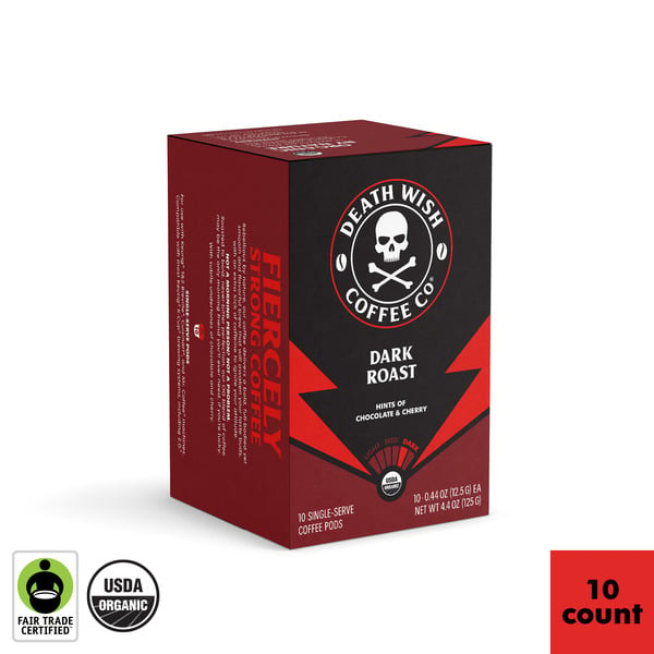 Coffee Death Wish Coffee, Dark Roast, Organic and Fair Trade, Single-Serve Coffee Pods hero