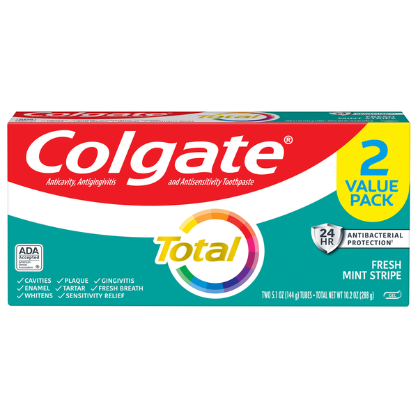 Oral Hygiene Colgate Toothpaste, Fresh Mint Stripe, 2 Value Pack, Gel hero