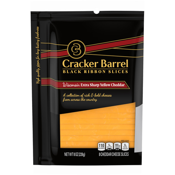 Cracker Barrel Black Ribbon Slices Wisconsin Extra Sharp Yellow Cheddar Cheese Slices, ct Pack hero