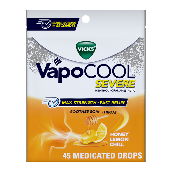 Cold, Flu & Allergy Vicks VapoCOOL SEVERE Medicated Sore Throat Drops, Honey Lemon Chill Flavor hero