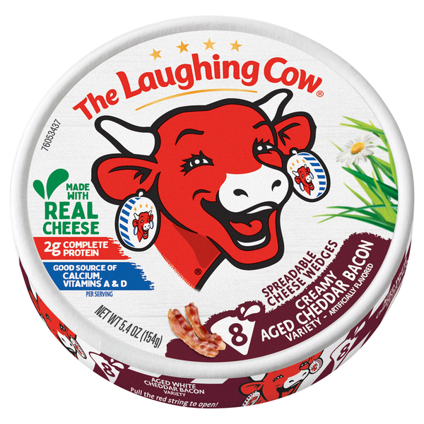 Specialty Cheeses The Laughing Cow Spreadable Cheese Wedges, Creamy Aged Cheddar Bacon Variety hero