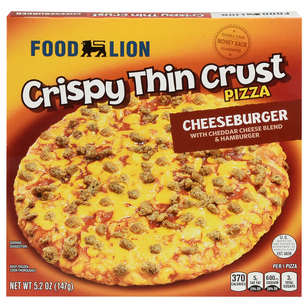 Frozen Pizza Food Lion Pizza, Crispy, Thin Crust, Cheeseburger, Box hero