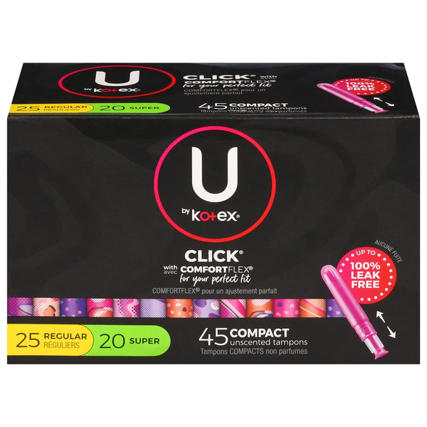 Feminine Care U by Kotex Click Compact Multipack Unscented Tampons, Regular/Super hero