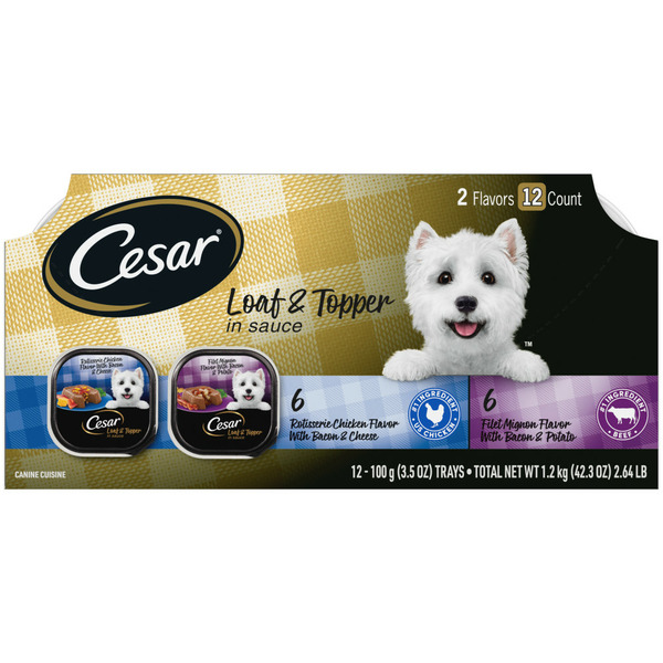 Dog Food & Care Cesar Canine Cuisine Savory Delights Rotisserie Chicken Filet Mignon hero