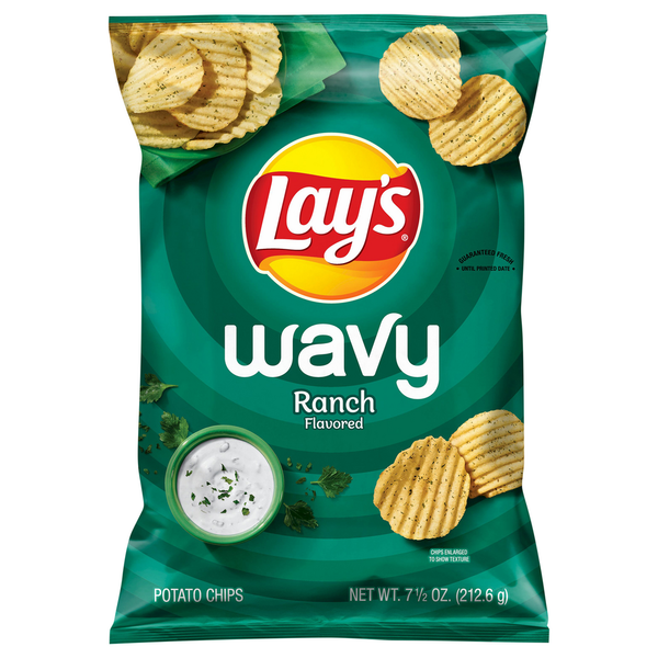 Chips & Pretzels Lay's Potato Chips, Ranch Flavored, Wavy hero