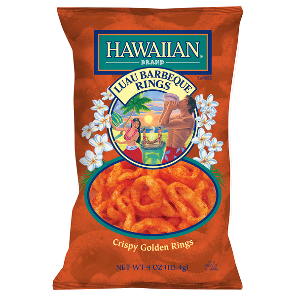 Chips & Pretzels Hawaiian Kettle Style Potato Chips Golden Rings, Luau Barbeque, Crispy hero