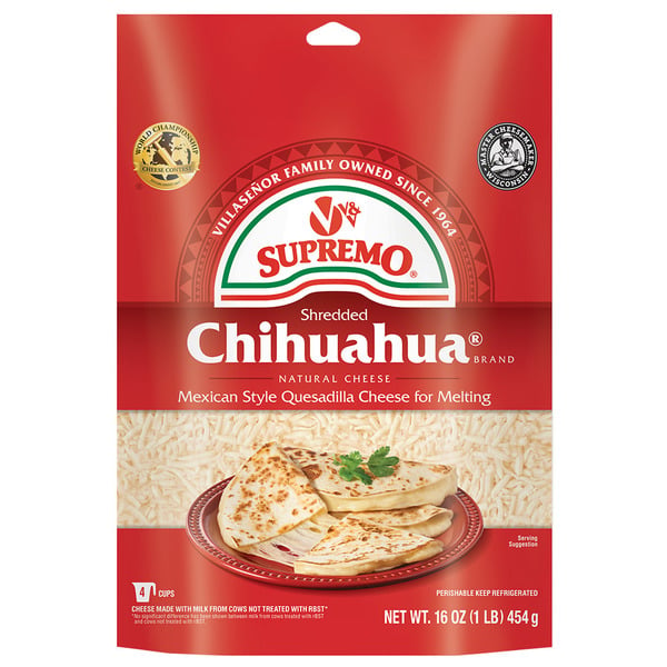 Packaged Cheese V&V Supremo Shredded Chihuahua Quesadilla Cheese, Mexican Style, Melting hero