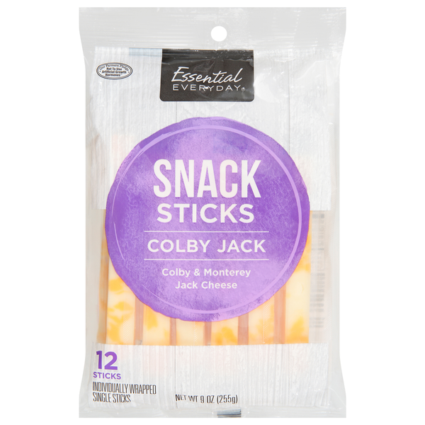 Packaged Cheese Essential Everyday Cheese, Colby Jack, Snack Sticks hero